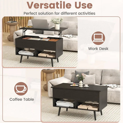 31.5 Inch Lift Top Coffee Table with Hidden Compartment and 2 Storage Shelves-Black Costway