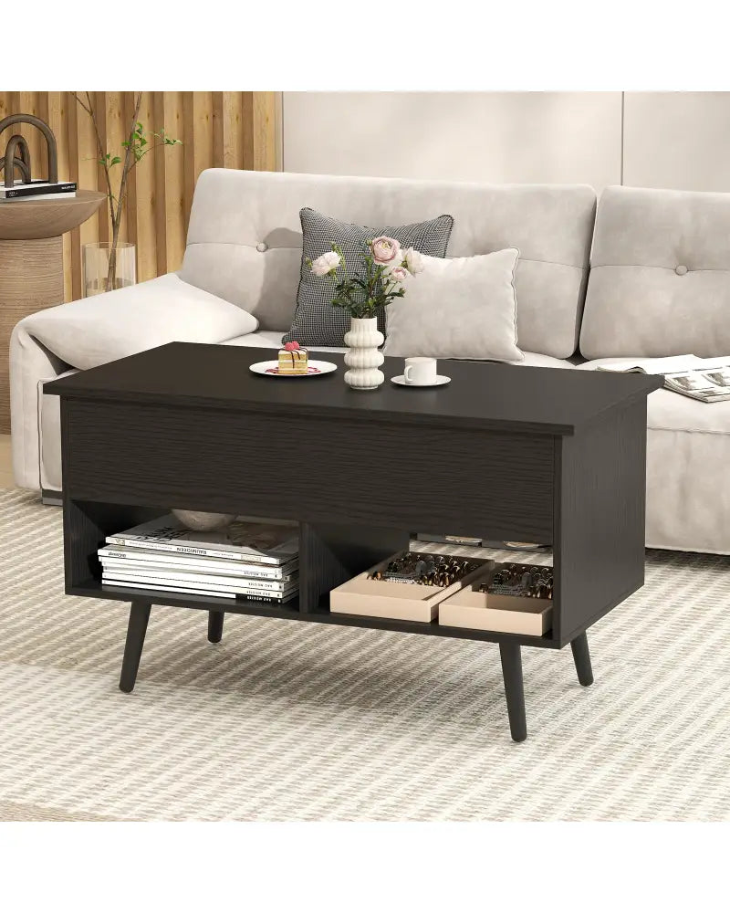 31.5 Inch Lift Top Coffee Table with Hidden Compartment and 2 Storage Shelves-Black - Black - Coffee Tables