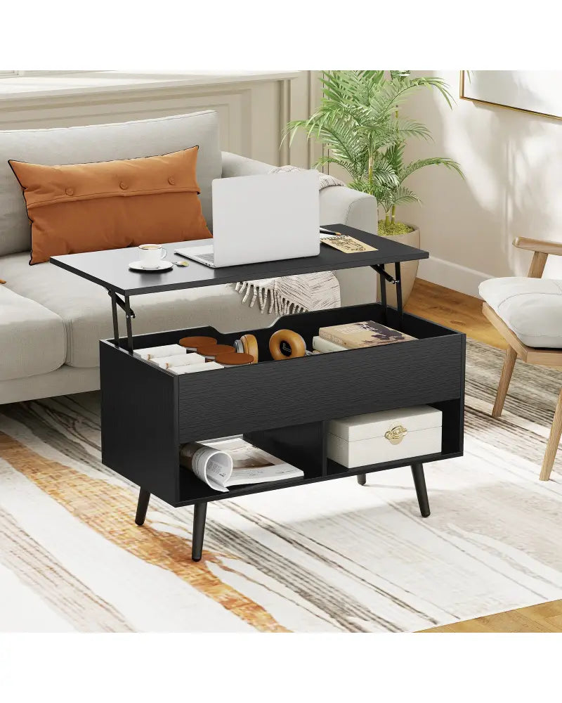 31.5 Inch Lift Top Coffee Table with Hidden Compartment and 2 Storage Shelves-Black - Black - Coffee Tables