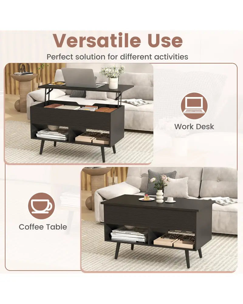 31.5 Inch Lift Top Coffee Table with Hidden Compartment and 2 Storage Shelves-Black - Black - Coffee Tables