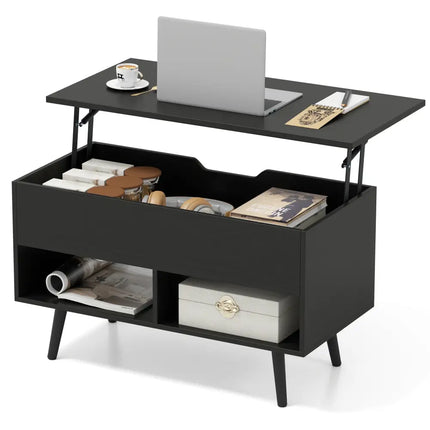 31.5 Inch Lift Top Coffee Table with Hidden Compartment and 2 Storage Shelves-Black Costway