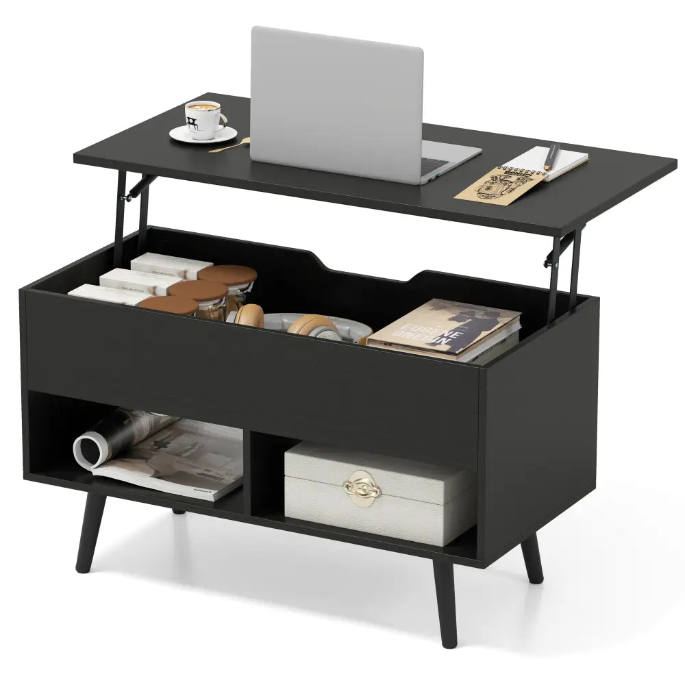 31.5 Inch Lift Top Coffee Table with Hidden Compartment and 2 Storage Shelves-Black - Black - Coffee Tables