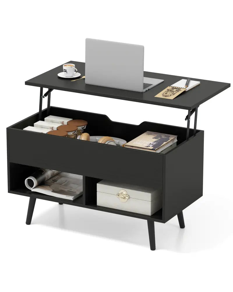 31.5 Inch Lift Top Coffee Table with Hidden Compartment and 2 Storage Shelves-Black - Black - Coffee Tables