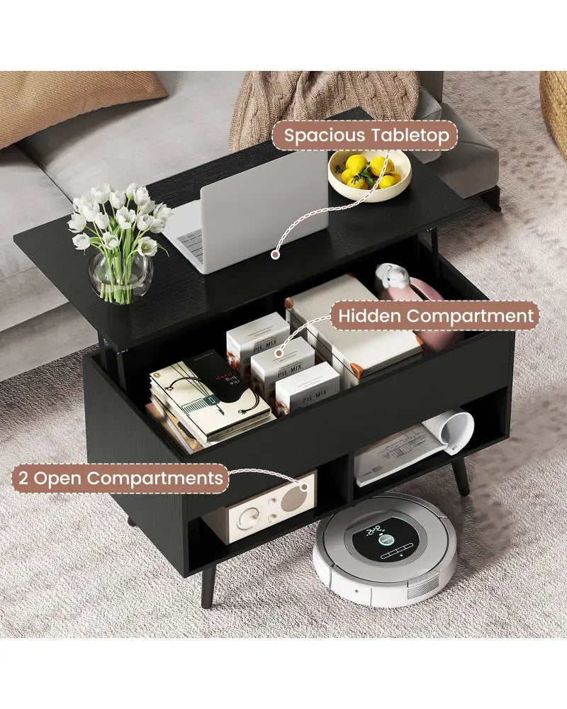 31.5 Inch Lift Top Coffee Table with Hidden Compartment and 2 Storage Shelves-Black - Black - Coffee Tables