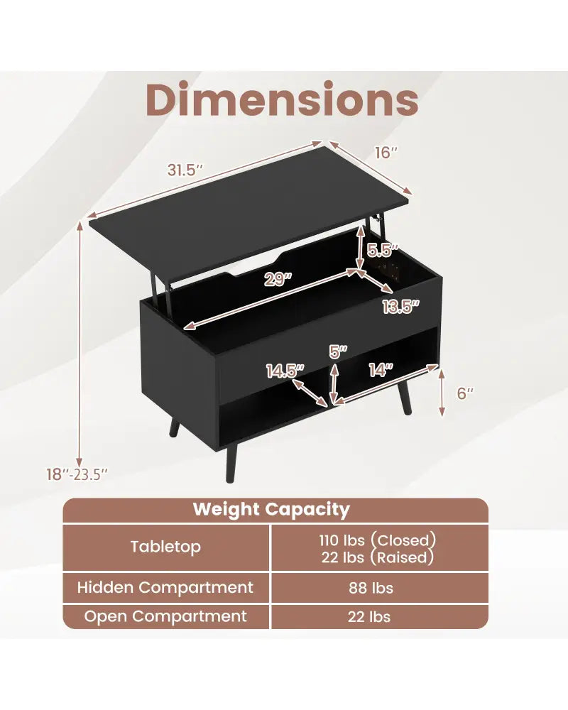 31.5 Inch Lift Top Coffee Table with Hidden Compartment and 2 Storage Shelves-Black - Black - Coffee Tables