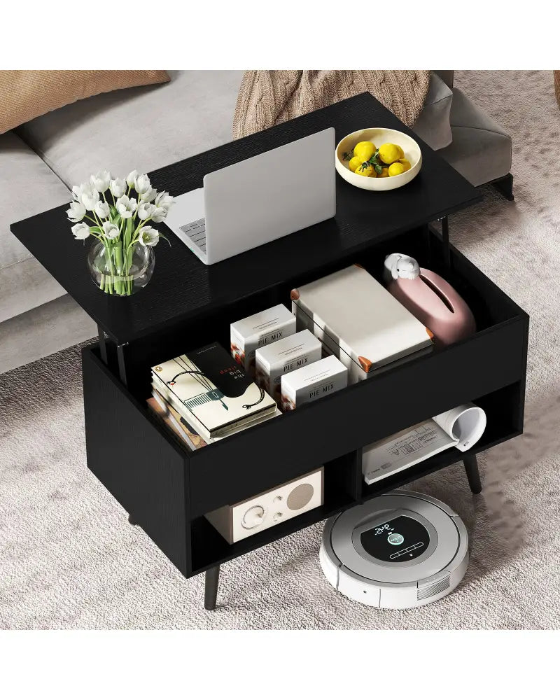 31.5 Inch Lift Top Coffee Table with Hidden Compartment and 2 Storage Shelves-Black - Black - Coffee Tables
