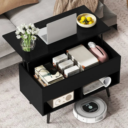 31.5 Inch Lift Top Coffee Table with Hidden Compartment and 2 Storage Shelves-Black Costway