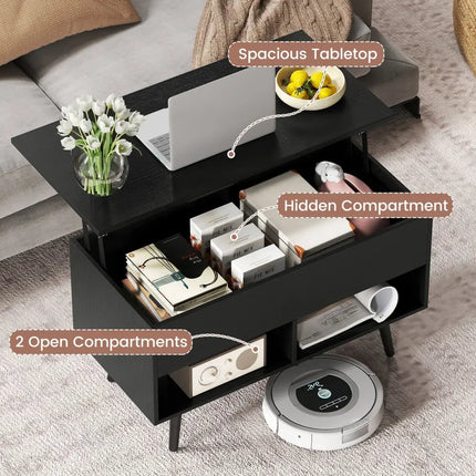 31.5 Inch Lift Top Coffee Table with Hidden Compartment and 2 Storage Shelves-Black Costway