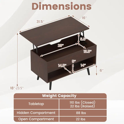 31.5 Inch Lift-Top Coffee Table with Hidden Storage and 2 Open Shelves-Broen Costway