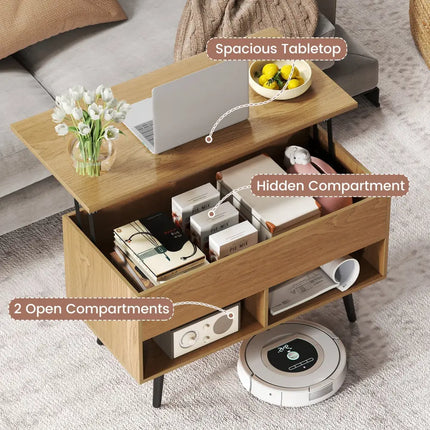 31.5 Inch Lift-Top Coffee Table with Hidden Storage and 2 Open Shelves-Natural Costway