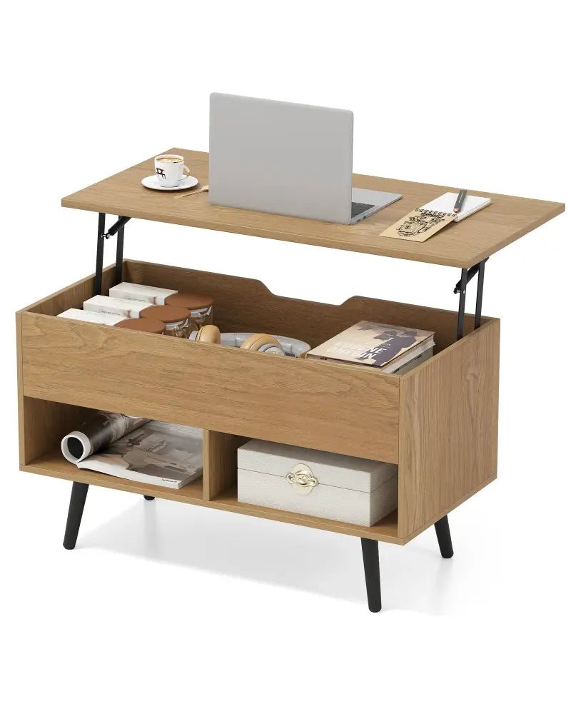 31.5 Inch Lift-Top Coffee Table with Hidden Storage and 2 Open Shelves-Natural - Natural - Coffee Tables