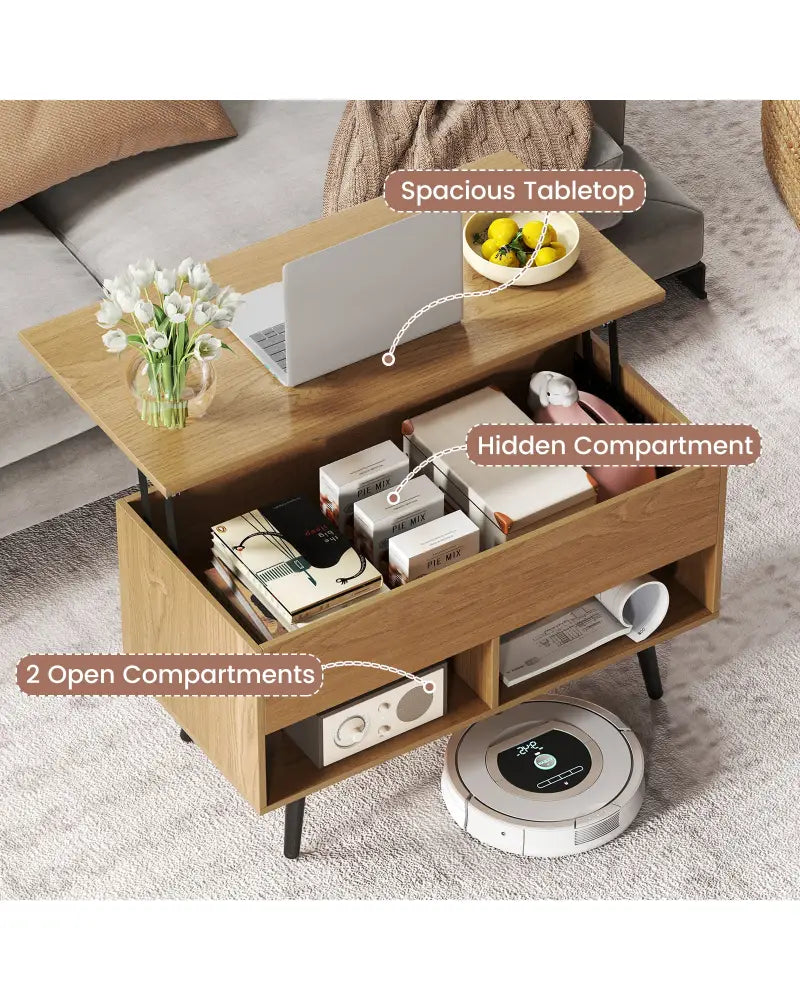 31.5 Inch Lift-Top Coffee Table with Hidden Storage and 2 Open Shelves-Natural - Natural - Coffee Tables