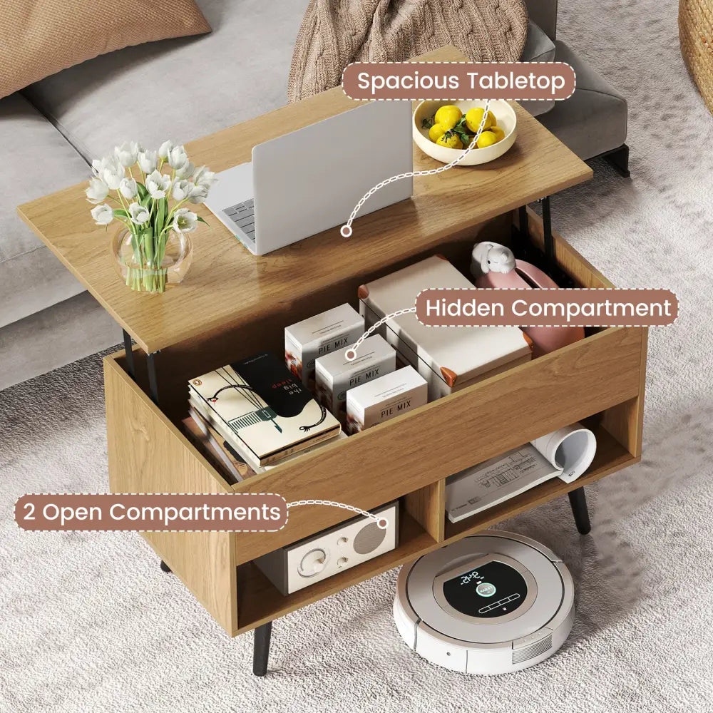 31.5 Inch Lift-Top Coffee Table with Hidden Storage and 2 Open Shelves-Natural - Natural - Coffee Tables