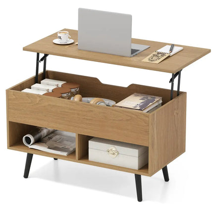 31.5 Inch Lift-Top Coffee Table with Hidden Storage and 2 Open Shelves-Natural Costway