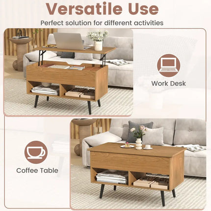 31.5 Inch Lift-Top Coffee Table with Hidden Storage and 2 Open Shelves-Natural Costway