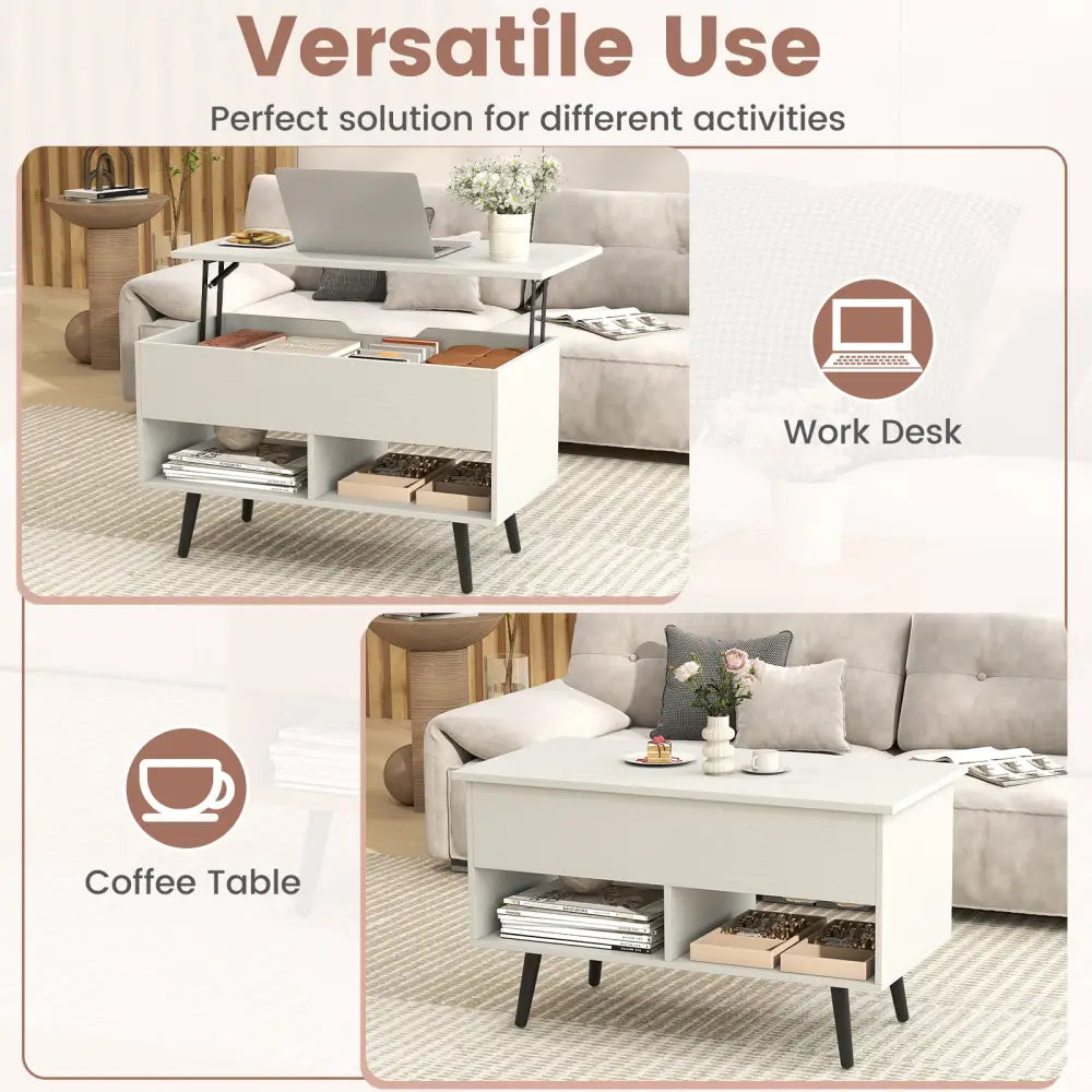 31.5 Inch Lift-Top Coffee Table with Hidden Storage and 2 Open Shelves-White - White - Coffee Tables