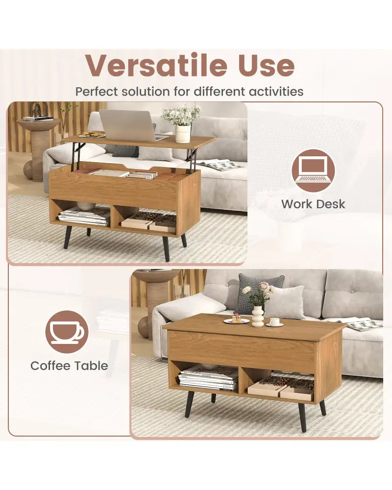 31.5 Inch Lift-Top Coffee Table with Hidden Storage and 2 Open Shelves-Natural - Natural - Coffee Tables