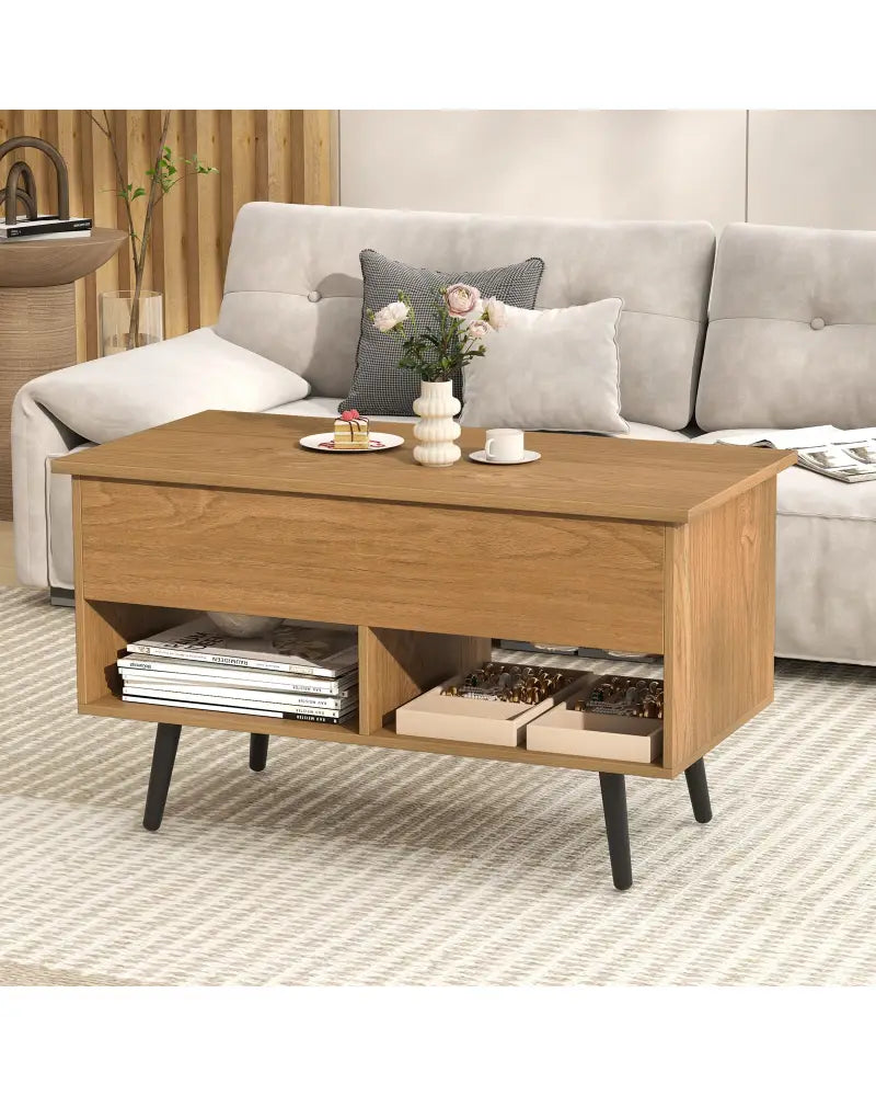 31.5 Inch Lift-Top Coffee Table with Hidden Storage and 2 Open Shelves-Natural - Natural - Coffee Tables