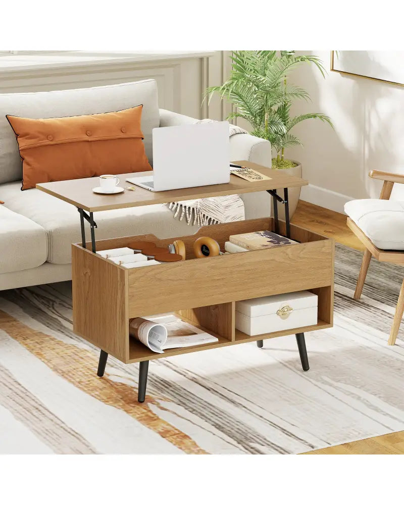 31.5 Inch Lift-Top Coffee Table with Hidden Storage and 2 Open Shelves-Natural - Natural - Coffee Tables