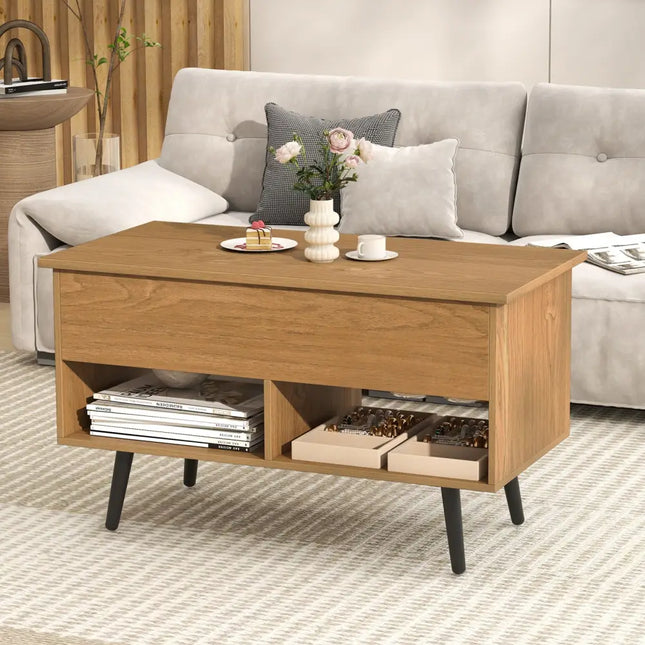 31.5 Inch Lift-Top Coffee Table with Hidden Storage and 2 Open Shelves-Natural Costway
