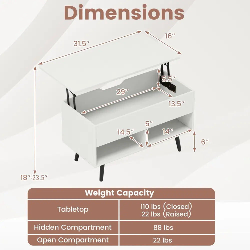 31.5 Inch Lift-Top Coffee Table with Hidden Storage and 2 Open Shelves-White - White - Coffee Tables