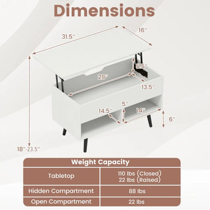 31.5 Inch Lift-Top Coffee Table with Hidden Storage and 2 Open Shelves-White Costway