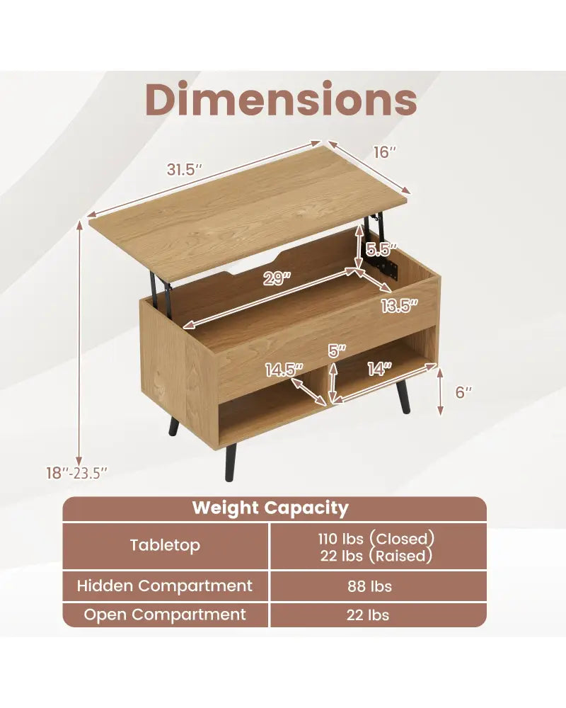 31.5 Inch Lift-Top Coffee Table with Hidden Storage and 2 Open Shelves-Natural - Natural - Coffee Tables