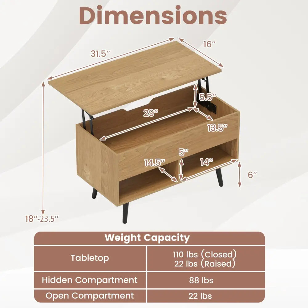 31.5 Inch Lift-Top Coffee Table with Hidden Storage and 2 Open Shelves-Natural - Natural - Coffee Tables