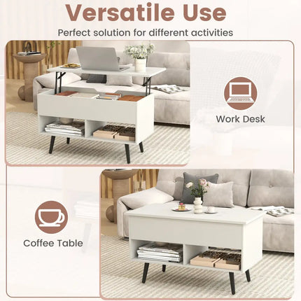 31.5 Inch Lift-Top Coffee Table with Hidden Storage and 2 Open Shelves-White Costway