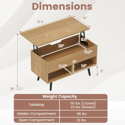 31.5 Inch Lift-Top Coffee Table with Hidden Storage and 2 Open Shelves-Natural Costway