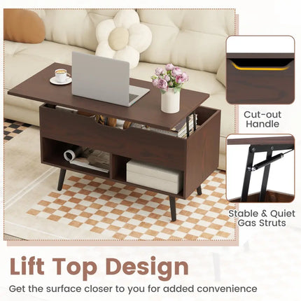 31.5 Inch Lift-Top Coffee Table with Hidden Storage and 2 Open Shelves-Broen Costway
