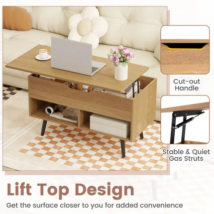 31.5 Inch Lift-Top Coffee Table with Hidden Storage and 2 Open Shelves-Natural Costway