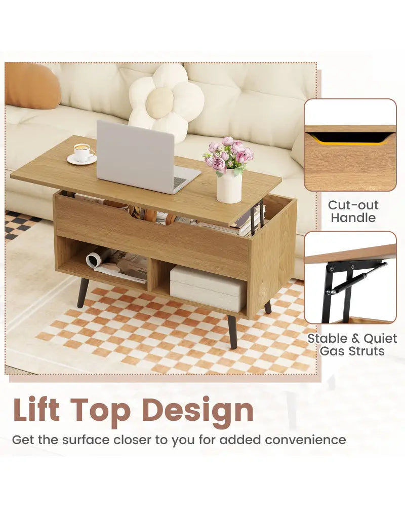 31.5 Inch Lift-Top Coffee Table with Hidden Storage and 2 Open Shelves-Natural - Natural - Coffee Tables