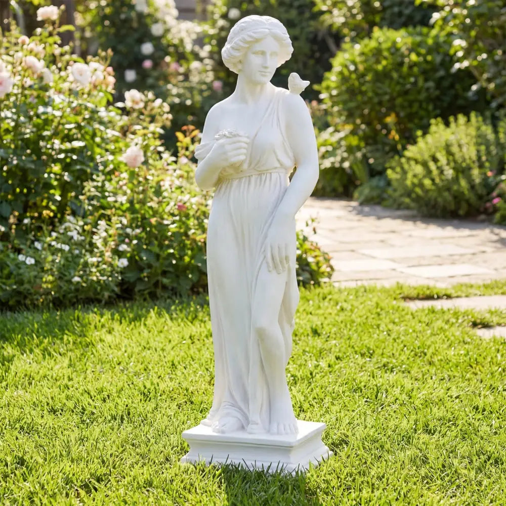 31.5 Inch Outdoor Greek Goddess Statue with Antique Finish and Column Base-White - White - Outdoor Decor
