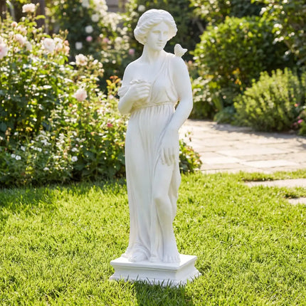 31.5 Inch Outdoor Greek Goddess Statue with Antique Finish and Column Base-White - White - Outdoor Decor