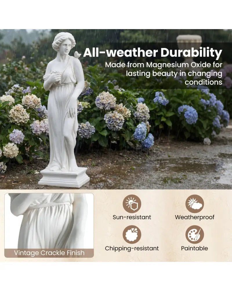31.5 Inch Outdoor Greek Goddess Statue with Antique Finish and Column Base-White - White - Outdoor Decor