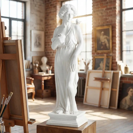 31.5 Inch Outdoor Greek Goddess Statue with Antique Finish and Column Base-White - White - Outdoor Decor