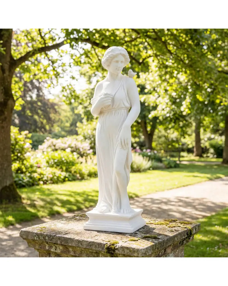 31.5 Inch Outdoor Greek Goddess Statue with Antique Finish and Column Base-White - White - Outdoor Decor