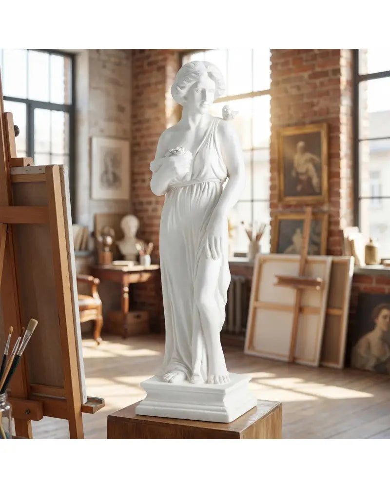 31.5 Inch Outdoor Greek Goddess Statue with Antique Finish and Column Base-White - White - Outdoor Decor
