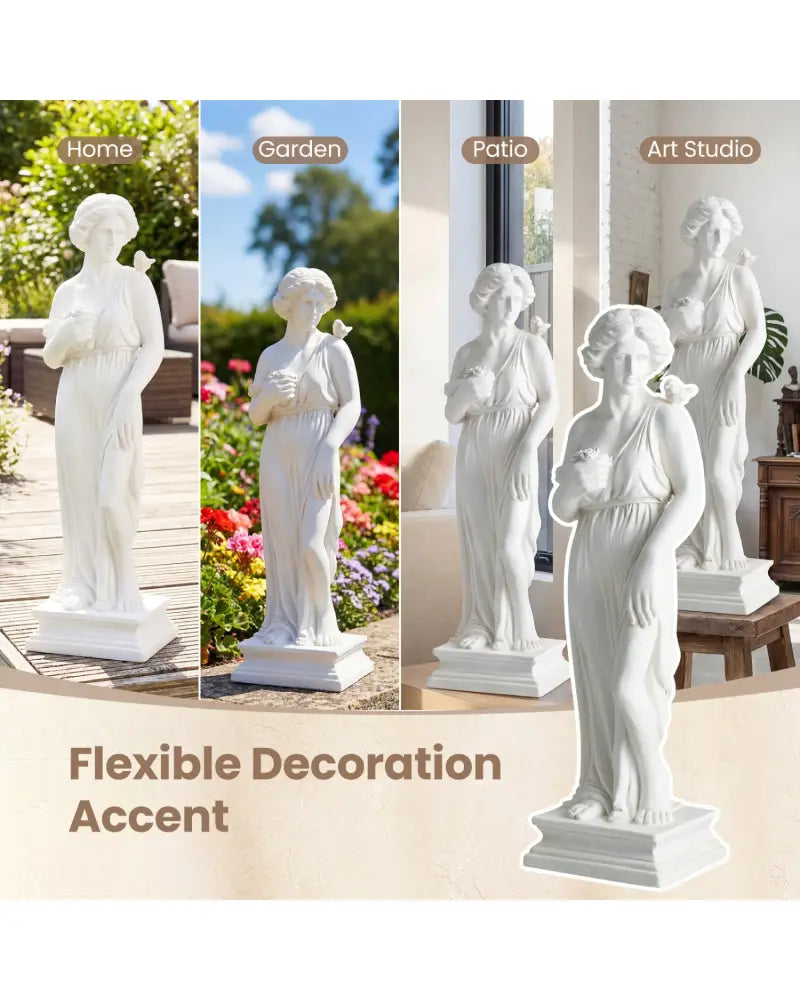 31.5 Inch Outdoor Greek Goddess Statue with Antique Finish and Column Base-White - White - Outdoor Decor