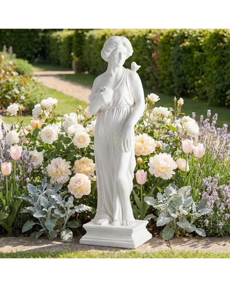 31.5 Inch Outdoor Greek Goddess Statue with Antique Finish and Column Base-White - White - Outdoor Decor