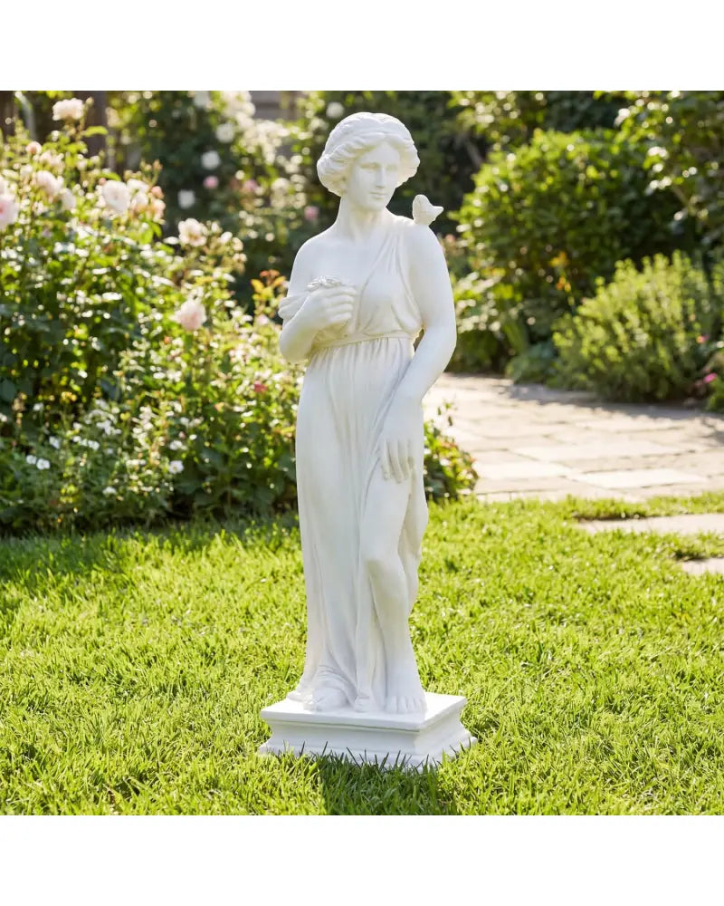 31.5 Inch Outdoor Greek Goddess Statue with Antique Finish and Column Base-White - White - Outdoor Decor