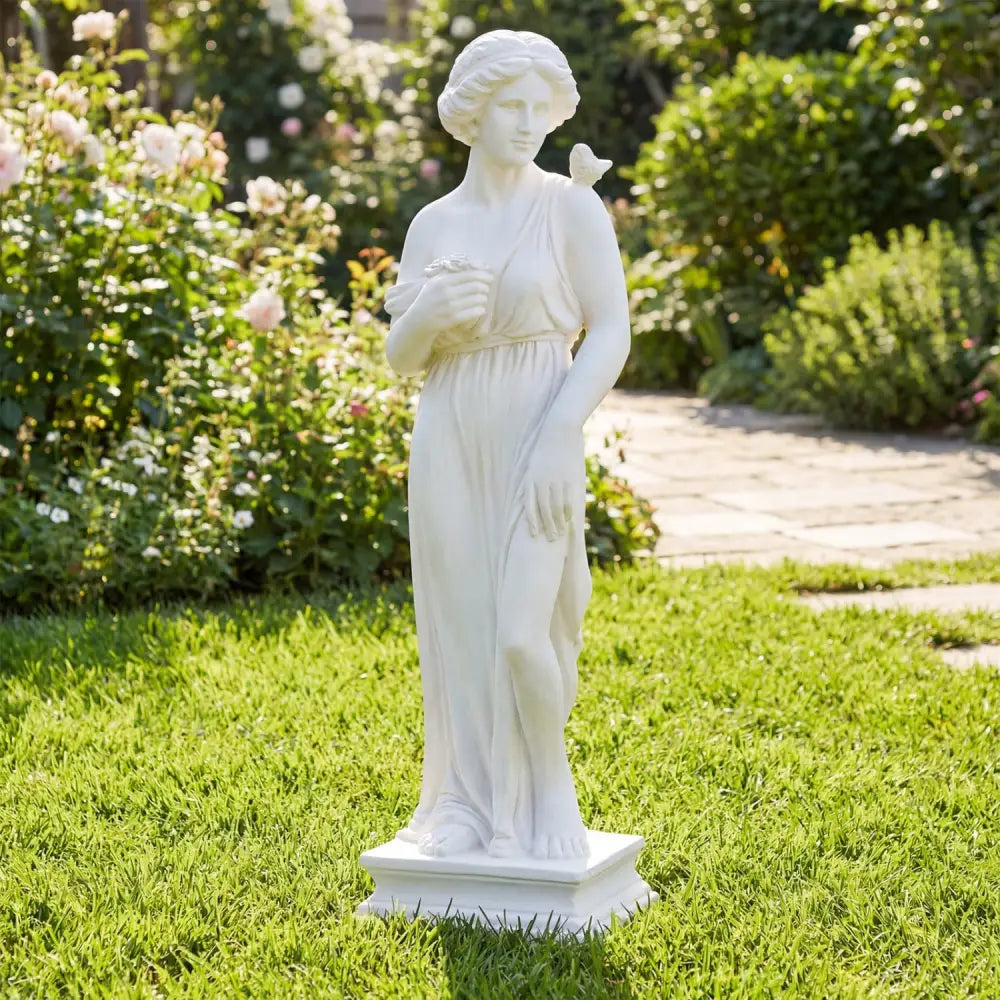 31.5 Inch Outdoor Greek Goddess Statue with Antique Finish and Column Base-White - White - Outdoor Decor