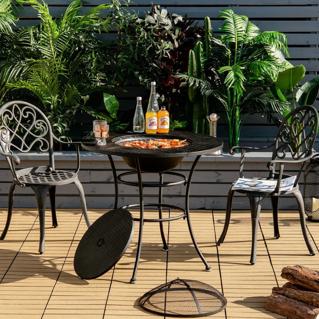 31.5 Inch Patio Fire Pit Dining Table With Cooking BBQ Grate - Black - Fire Pit Tables