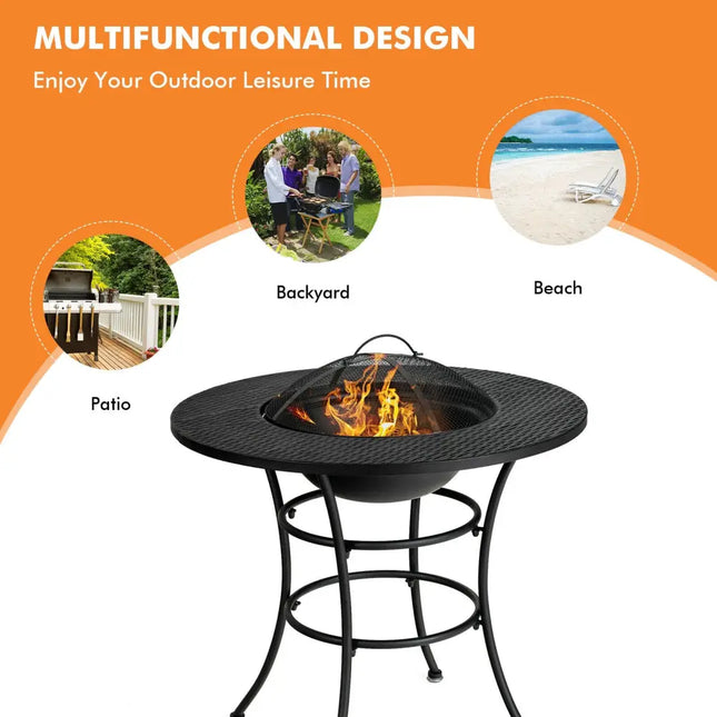 31.5 Inch Patio Fire Pit Dining Table With Cooking BBQ Grate - Black - Fire Pit Tables