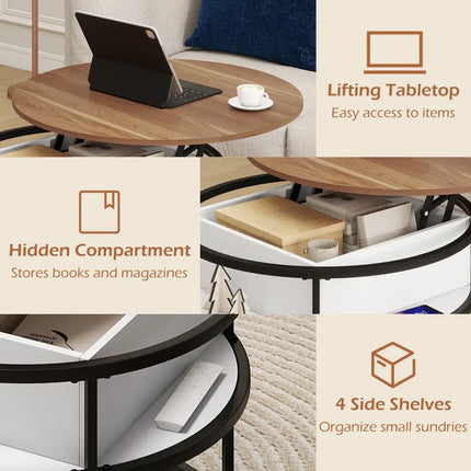 31.5 Inch Round Lift Top Coffee Table with Hidden Compartment and Side Shelves-Teak Costway
