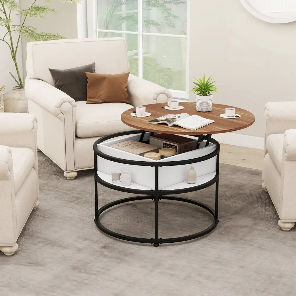 31.5 Inch Round Lift Top Coffee Table with Hidden Compartment and Side Shelves-Teak - Teak - Coffee Tables