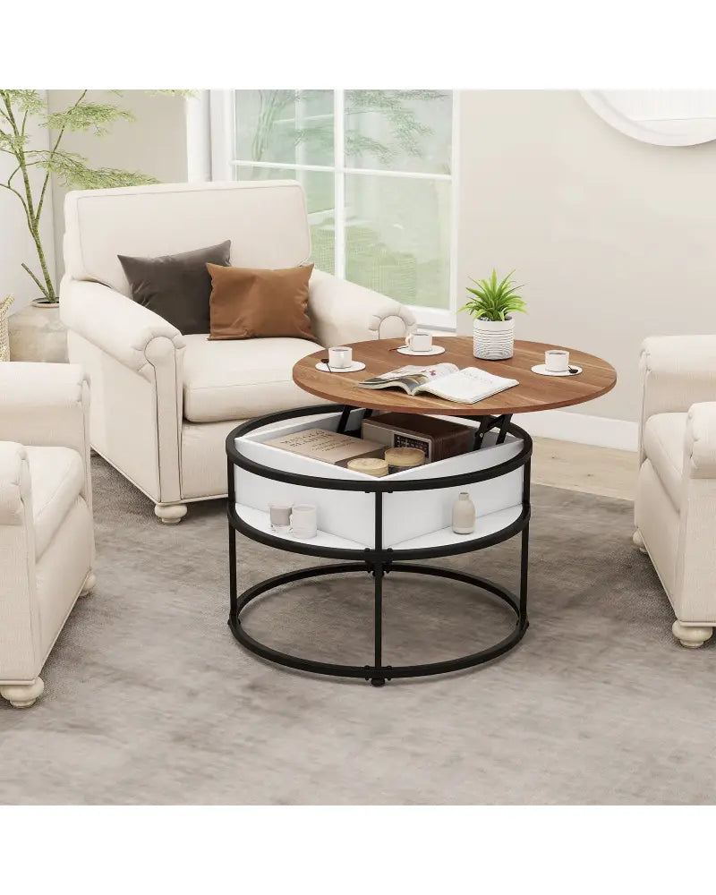 31.5 Inch Round Lift Top Coffee Table with Hidden Compartment and Side Shelves-Teak - Teak - Coffee Tables