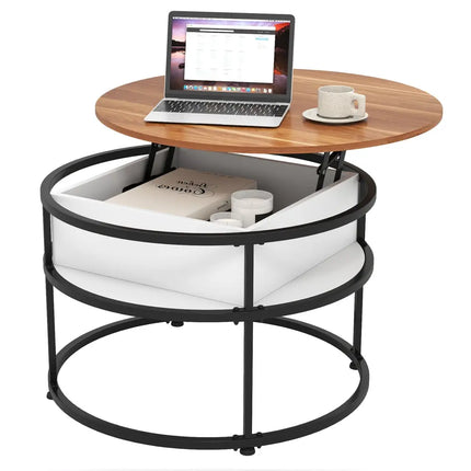 31.5 Inch Round Lift Top Coffee Table with Hidden Compartment and Side Shelves-Teak Costway