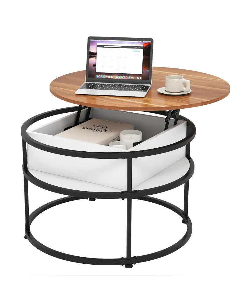 31.5 Inch Round Lift Top Coffee Table with Hidden Compartment and Side Shelves-Teak - Teak - Coffee Tables